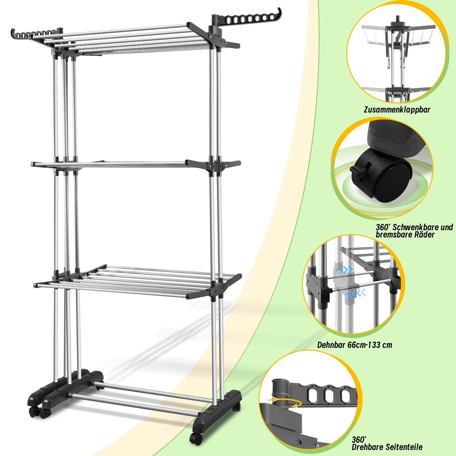 Kleiderständer mobil Wäscheständer Garderobenständer Teleskop, Einstellbare Breite 75-150cm, bis 30 kg belastbar mit Rollen, Grau