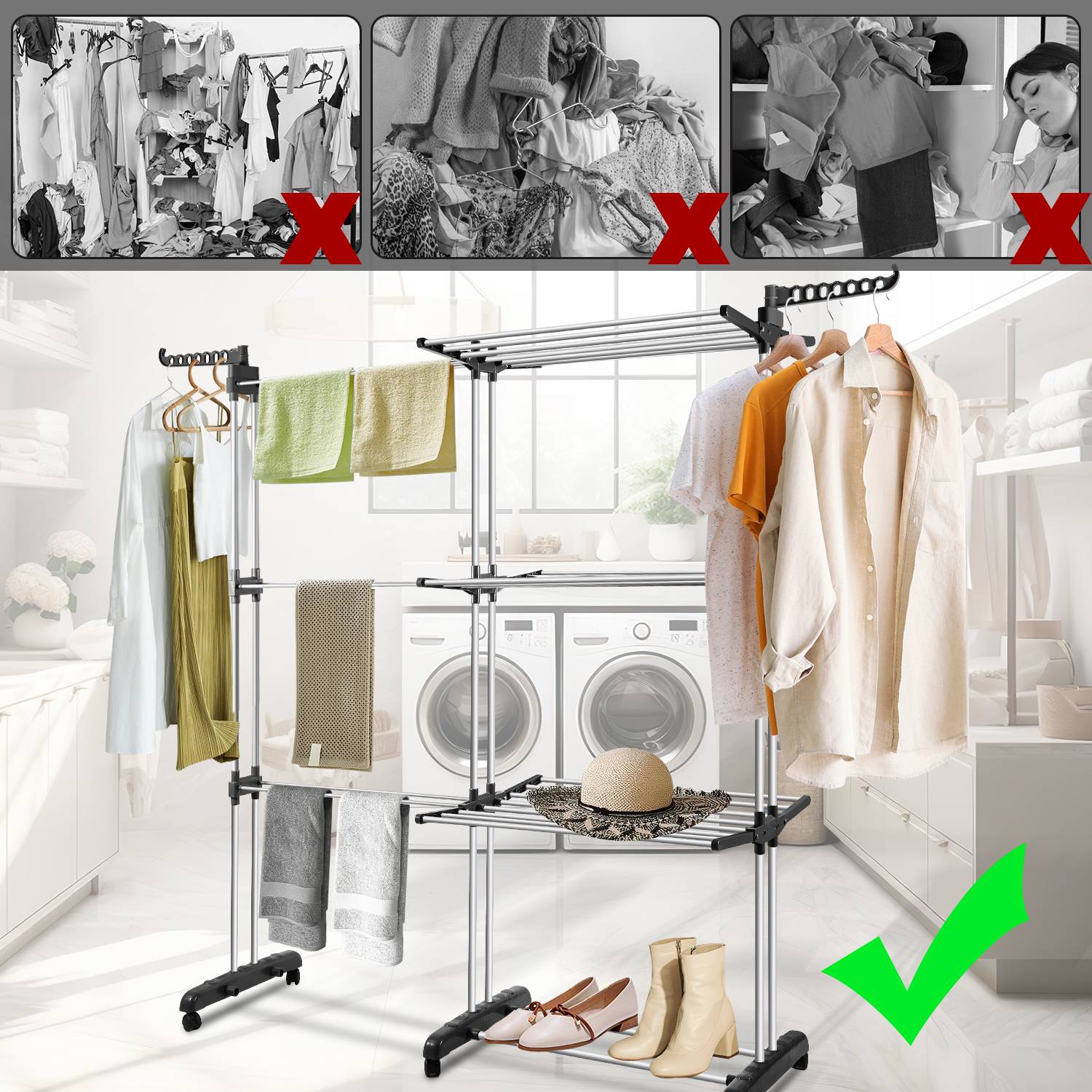 Kleiderständer mobil Wäscheständer Garderobenständer Teleskop, Einstellbare Breite 75-150cm, bis 30 kg belastbar mit Rollen, Grau
