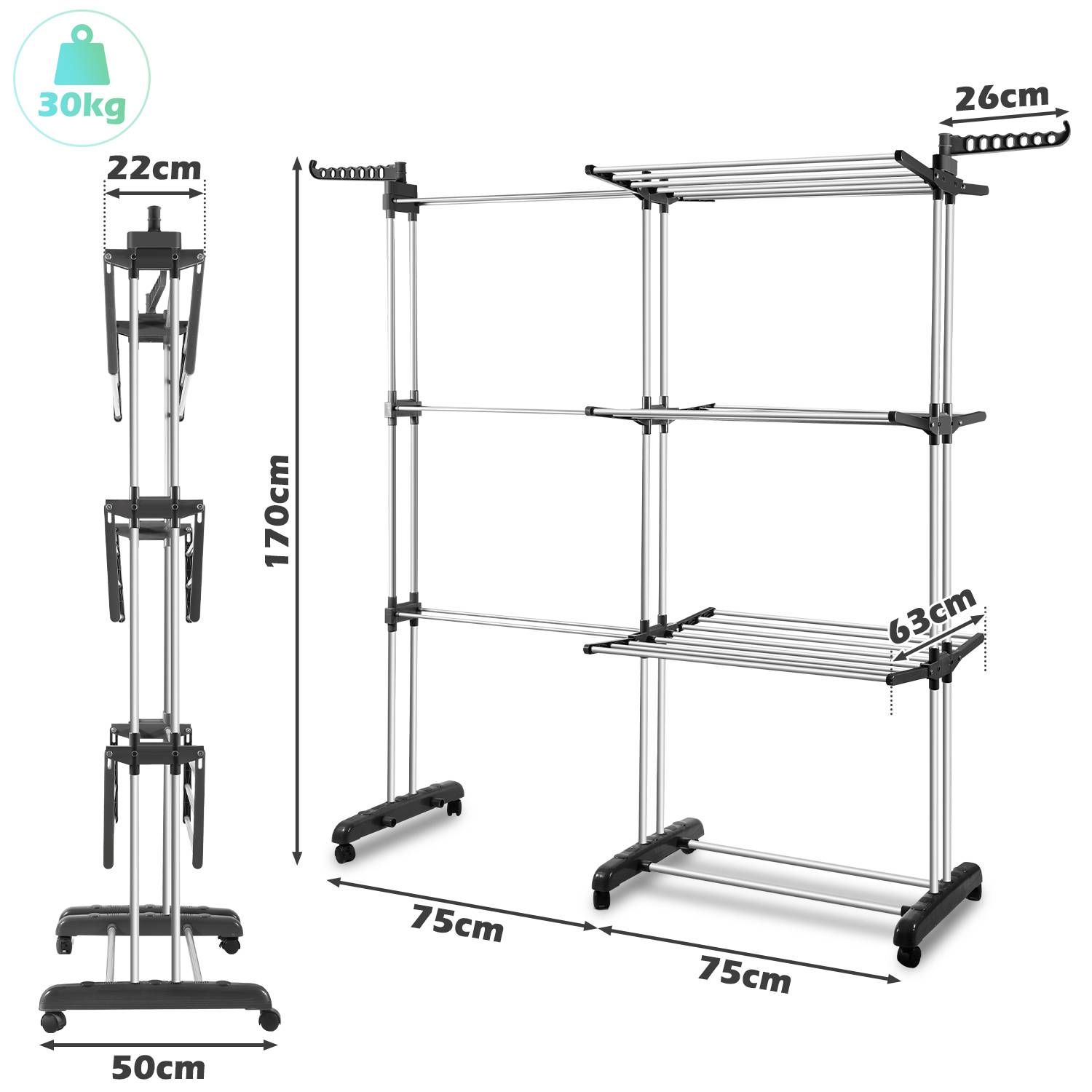 Kleiderständer mobil Wäscheständer Garderobenständer Teleskop, Einstellbare Breite 75-150cm, bis 30 kg belastbar mit Rollen, Grau