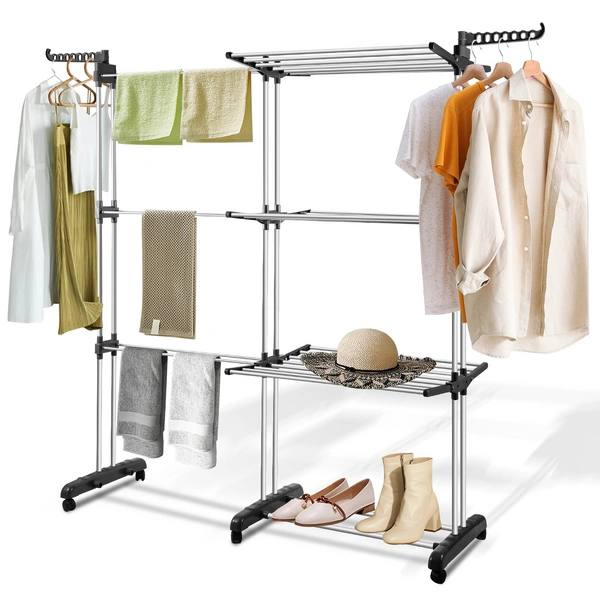 Kleiderständer Wäscheständer Klappbar Ständer mit 6 Rollen, B. 75-150cm, Teleskop, Flügelwäschetrockner, H. 170cm, mobil Kleiderständer Wäscheständer Klappbar Ständer mit 6 Rollen, B. 75-150cm, Teleskop, Flügelwäschetrockner, H. 170cm, mobil