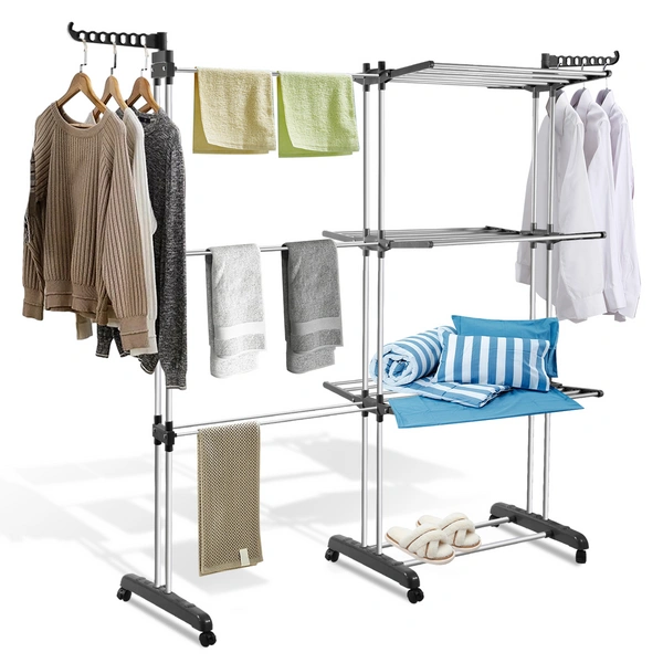 Mobil Kleiderständer Wäscheständer, H. 170cm, B. 75-150cm, Teleskop & Klappbar Flügel, 360° drehbaren Rollen, Grau Mobil Kleiderständer Wäscheständer, H. 170cm, B. 75-150cm, Teleskop & Klappbar Flügel, 360° drehbaren Rollen, Grau