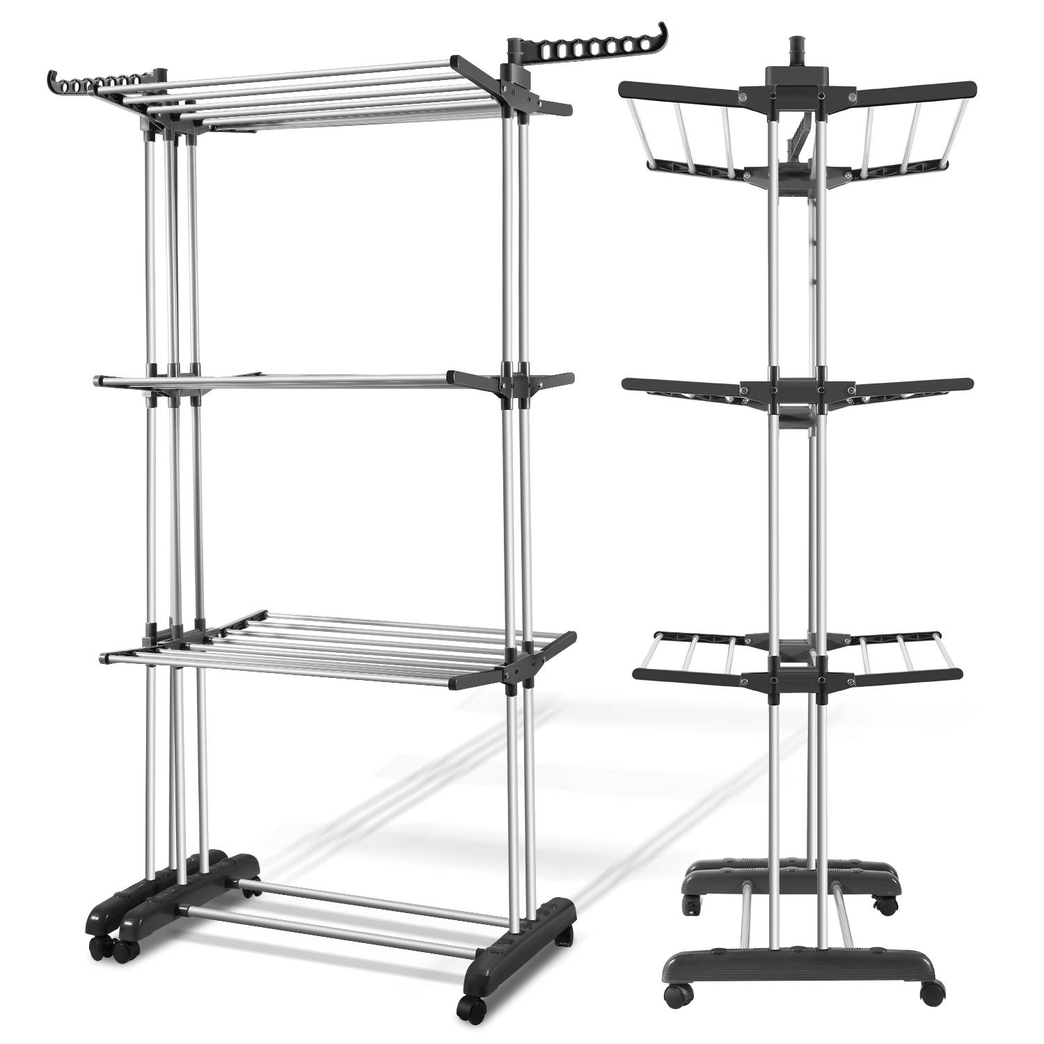 Kleiderständer Garderobenständer H. 170cm, Teleskop & Klappbar Wäscheständer, mit Flügel, Grau, bis 30 kg belastbar mit Rollen