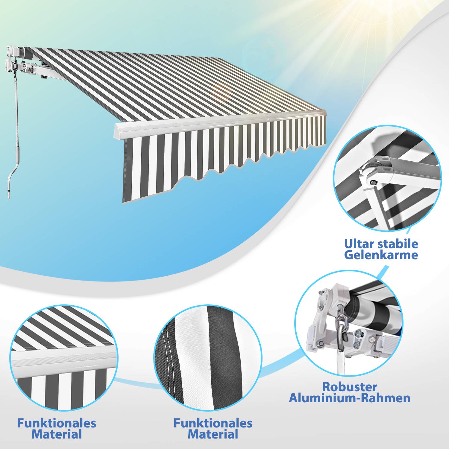 Gelenkarmmarkise 350x300cm Grau/Weiß Sonnenmarkise einziehbare Markise Sonnenschutz Balkonmarkise Gelenkarm Sonnenschutz