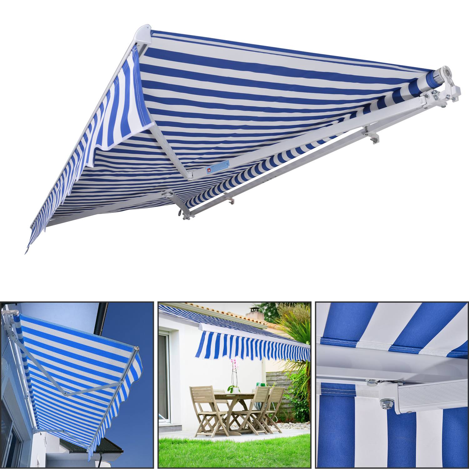 Gelenkarmmarkise PA Beschichtet UV-Schutz mit Handkurbel Markise Sonnenschutz Alu+Polyester für Terasse/Dach Blau&Weiß 350x300cm