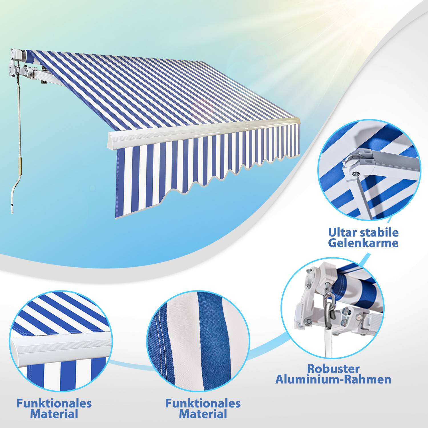 Gelenkarmmarkise 250x200cm einziehbare Sonnenmarkise Markise Sonnenschutz Balkonmarkise Gelenkarmmarkise Gelenkarm Sonnenschutz Blau / Weiß
