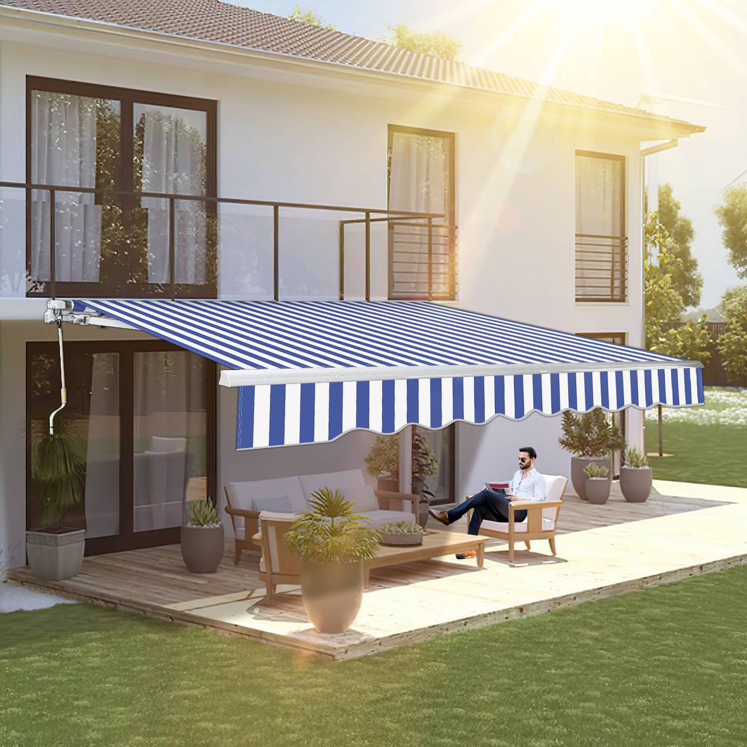 Gelenkarmmarkise 350x300cm einziehbare Markise Sonnenschutz Balkonmarkise Gelenkarmmarkise Gelenkarm Sonnenschutz Blau / Weiß