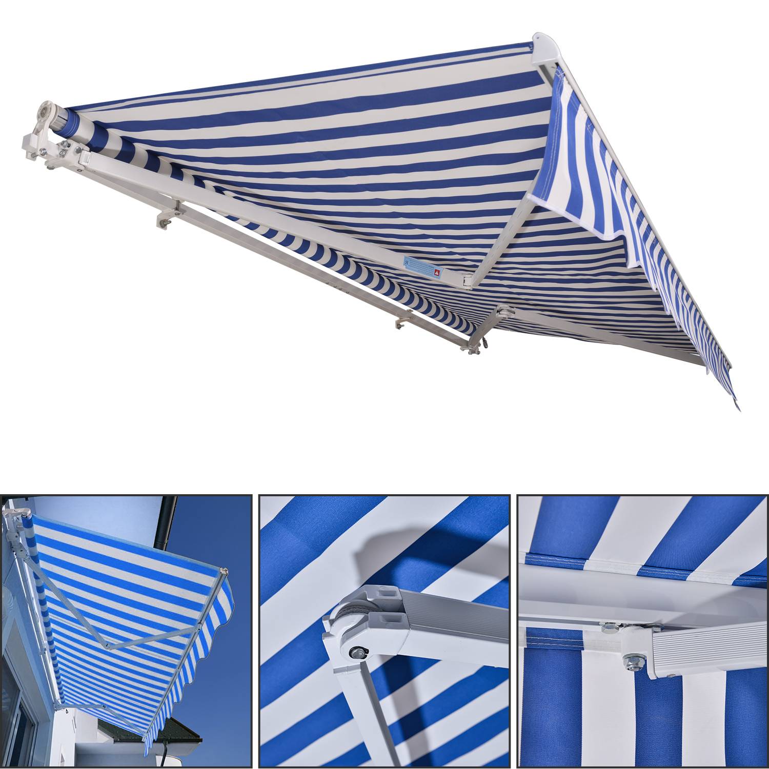Gelenkarmmarkise 350x300cm einziehbare Markise Sonnenschutz Balkonmarkise Gelenkarmmarkise Gelenkarm Sonnenschutz Blau / Weiß