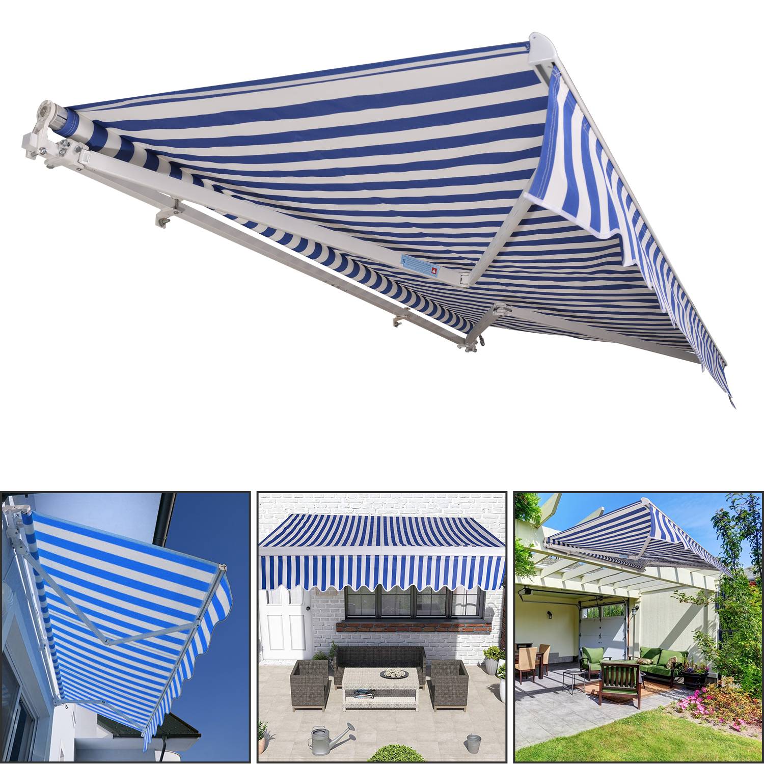 Gelenkarmmarkise 350x300cm einziehbare Sonnenmarkise Markise Sonnenschutz Balkonmarkise Gelenkarmmarkise Gelenkarm Sonnenschutz Blau / Weiß