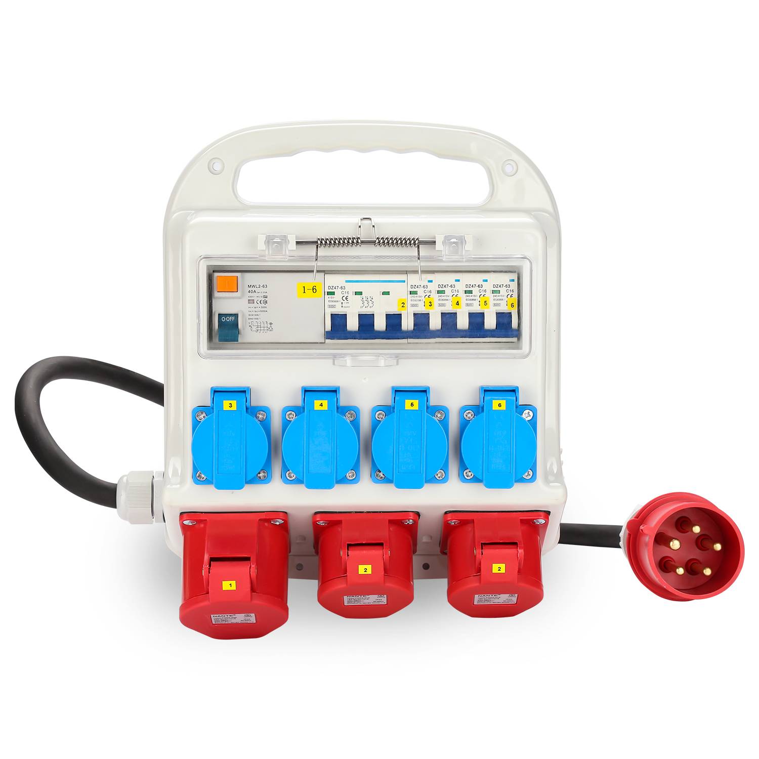 Stromverteiler Baustromverteiler Verteiler CEE Kraftstrom Steckdose IP44 für Baustelle 2x400V-16A 1x400V-32A 4x230V Schuko(RCCB)