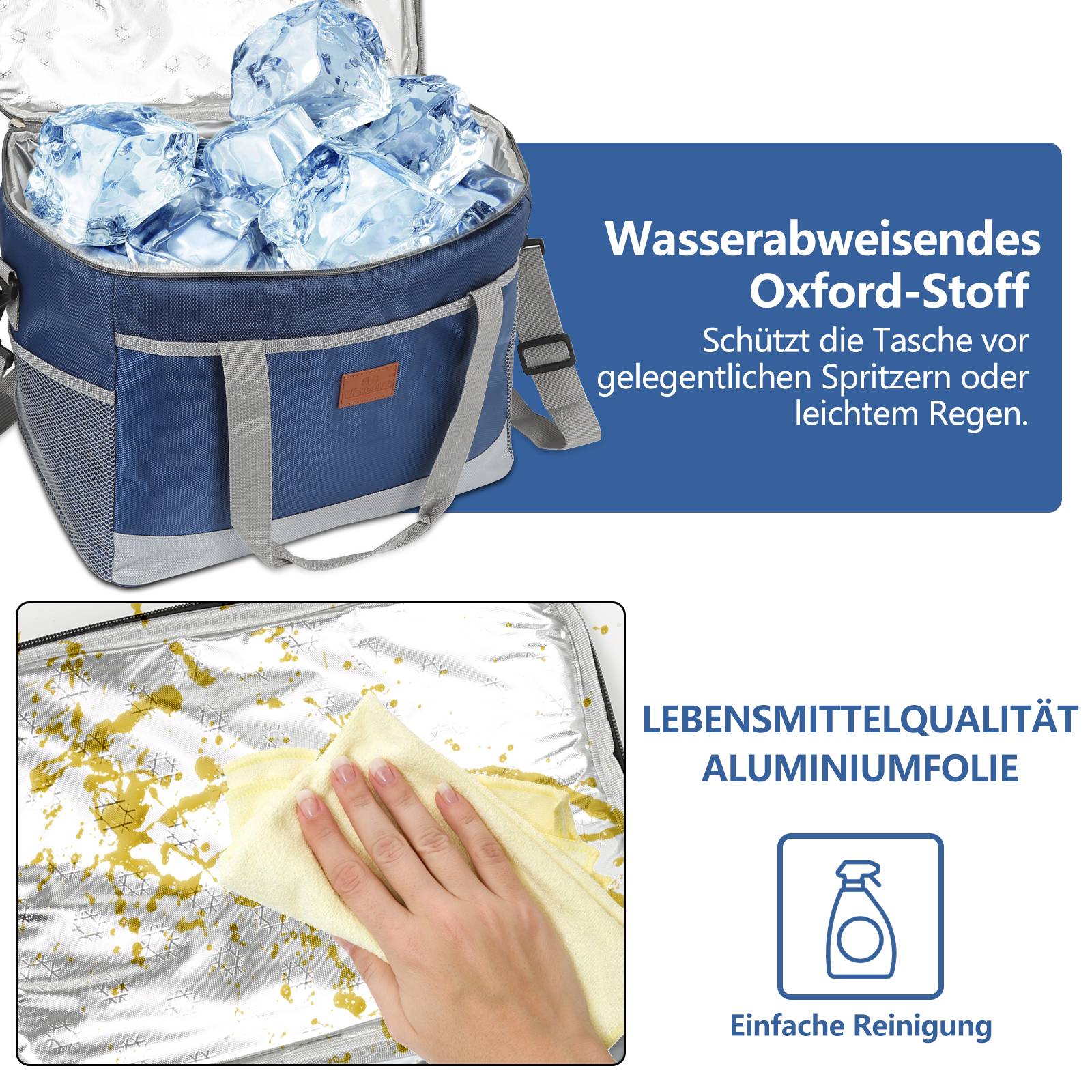 25 Liter Kühltasche Isoliertasche Faltbar Thermotasche Picknicktasche Kühlbox mit 2er-Set Kühlakkus Kühlelemente Blau