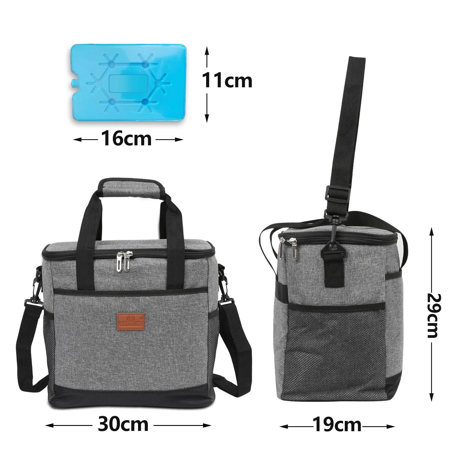 15 Liter Kühltasche Isoliertasche Faltbar Thermotasche Picknicktasche Kühlbox mit 2er-Set Kühlakkus Kühlelemente Grau