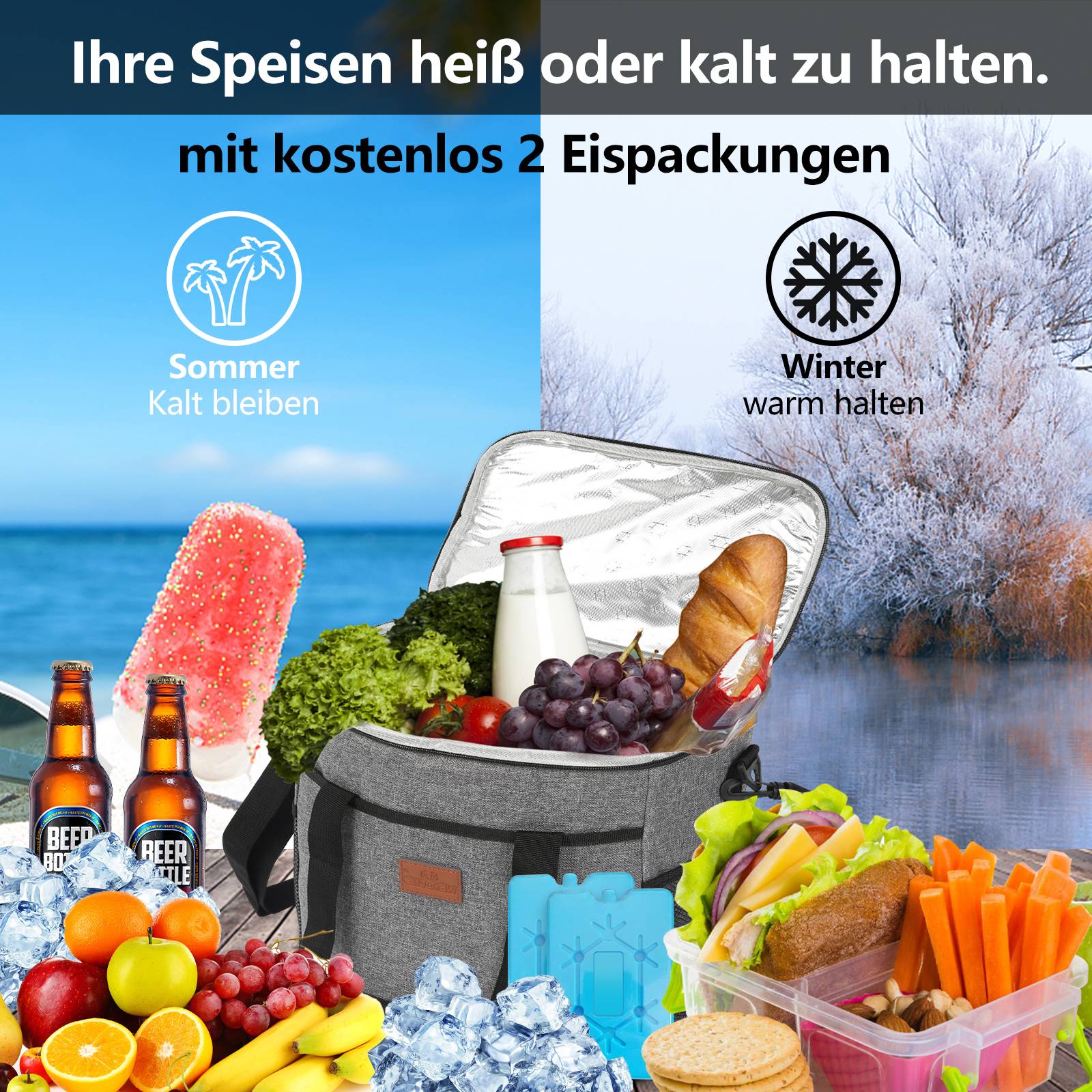 33 L Kühltasche Isoliertasche Thermotasche Wasserfest Picknicktasche Faltbar Kühlbox mit 2er-Set Kühlakkus Kühlelemente Camping Lunch Grau