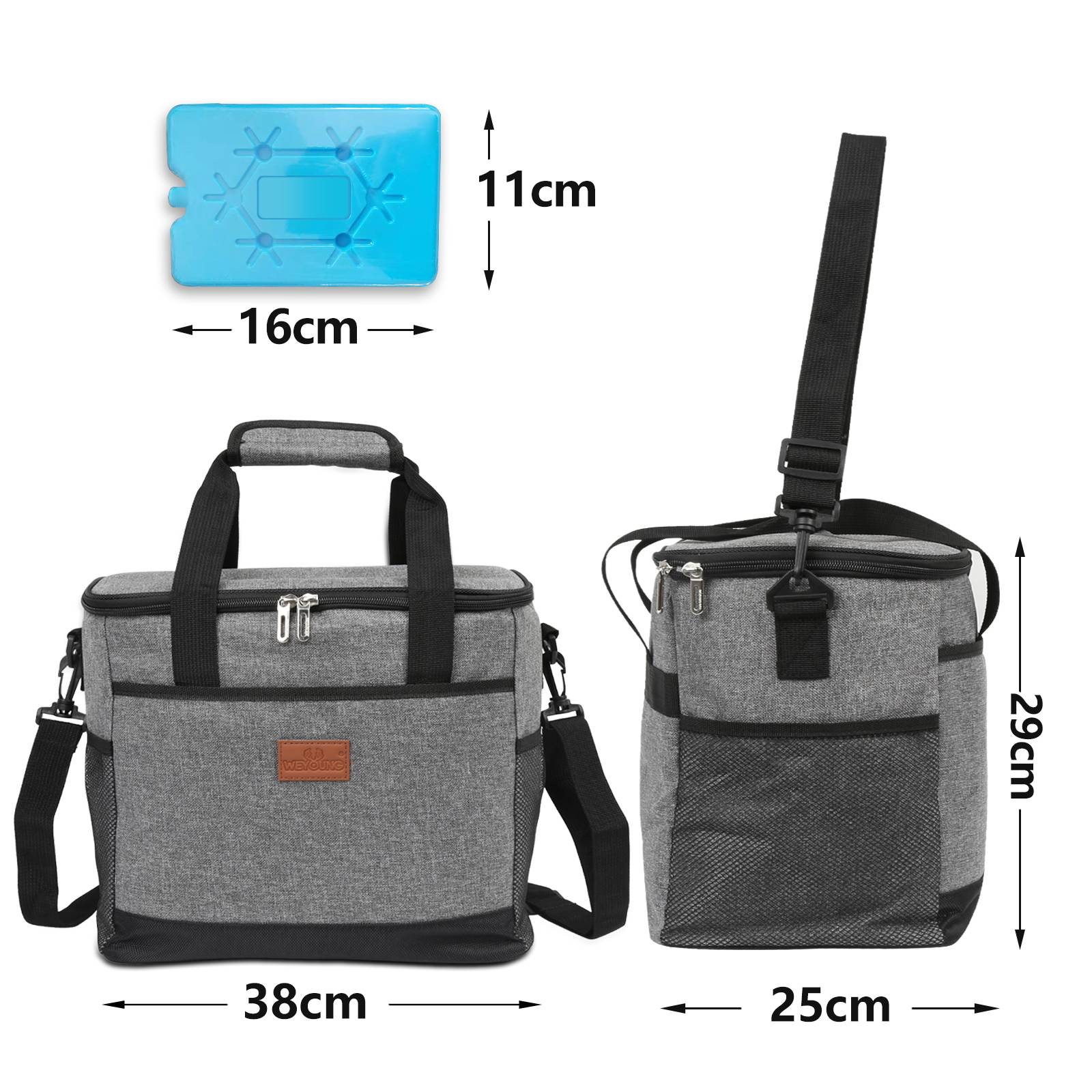 25 Liter Kühltasche Isoliertasche Faltbar Thermotasche Picknicktasche Kühlbox mit 2er-Set Kühlakkus Kühlelemente Grau