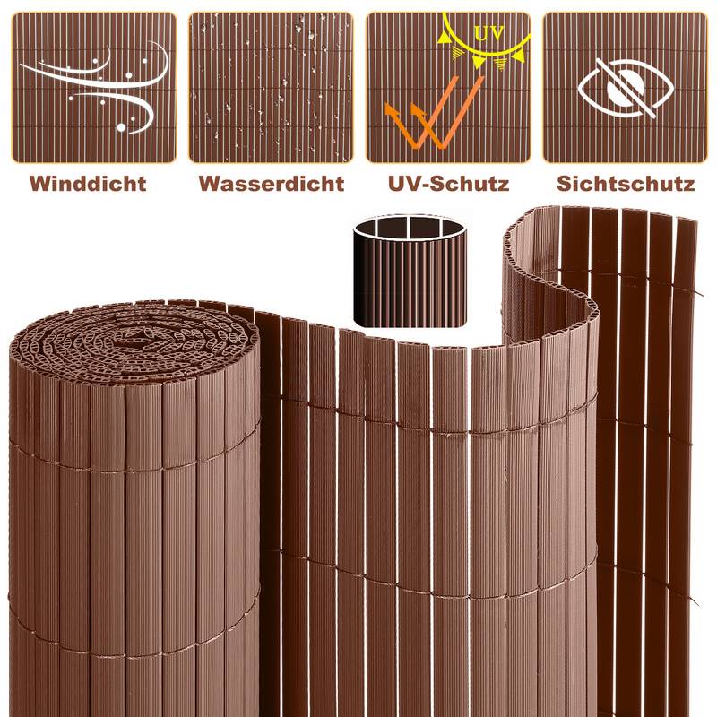 160x600cm Sichtschutzmatte PVC Bambus Sichtschutz Garten Sichtschutzzaun Balkon Zaun Windschutz Balkonverkleidung, Braun