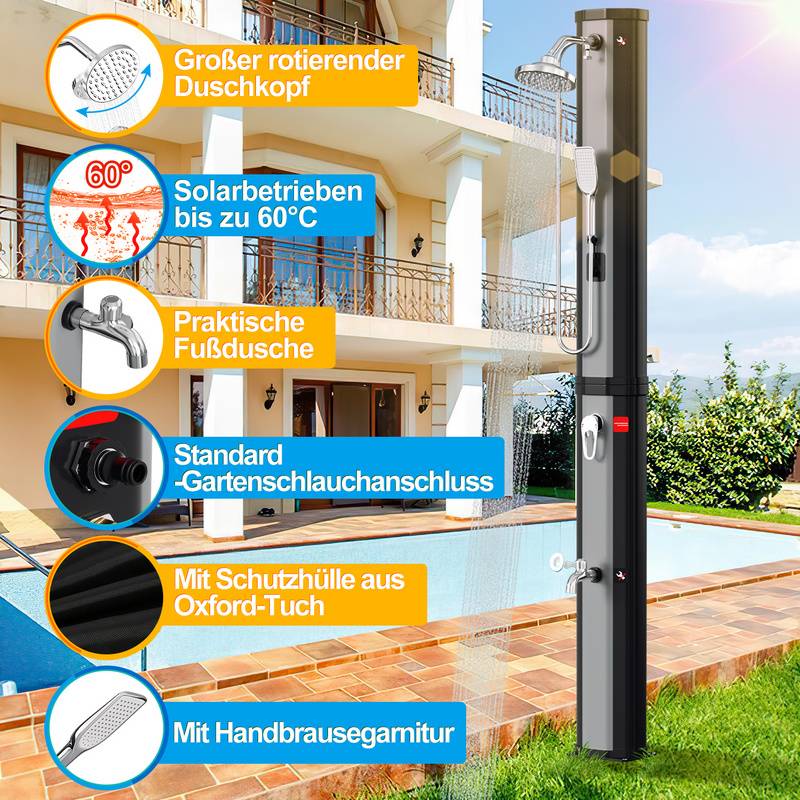 Solardusche 20-60 Liter | schwenkbarem Duschkopf & Fußdusche | Schwarz/Silber | bis 60°C | mit Gartenschlauch