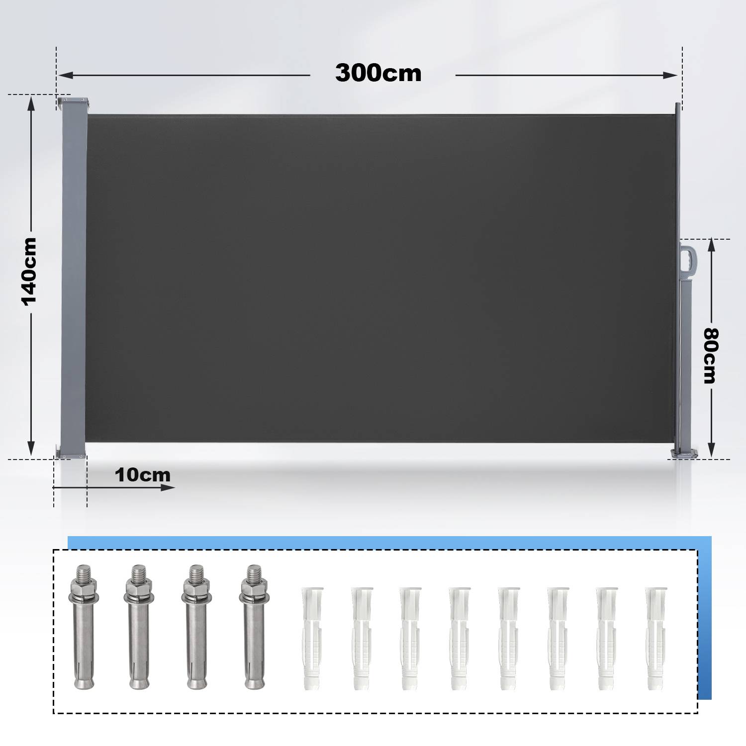 Seitenmarkise 140x300cm Sichtschutz Ausziehbar Blickdicht Sonnenschutz Markise Balkon Terrasse Garten Seitenrollo Windschutz Grau