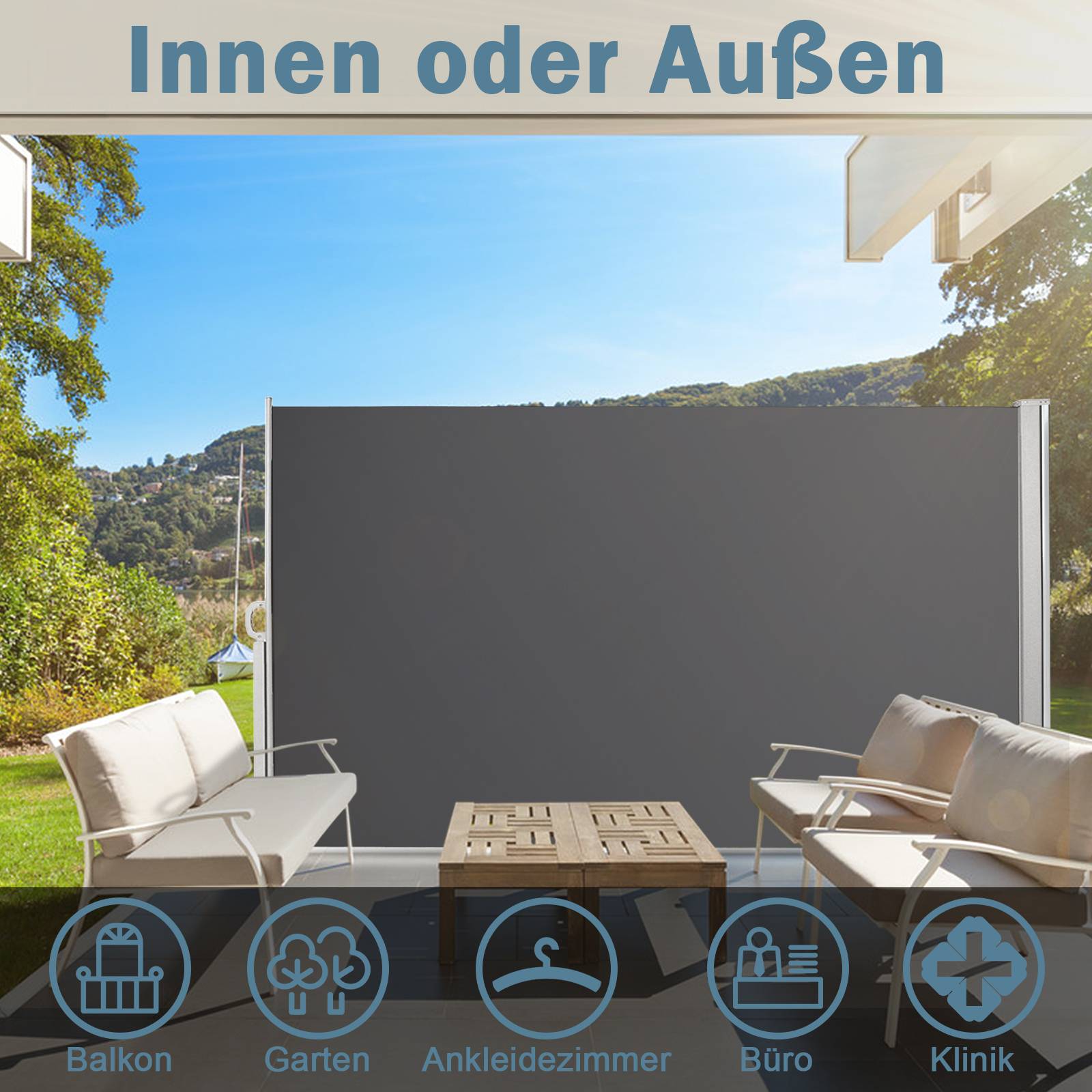 Seitenmarkise Ausziehbar Balkon Anthrazit Sonnenschutz Vollkassette Sichtschutz grau 180X300cm