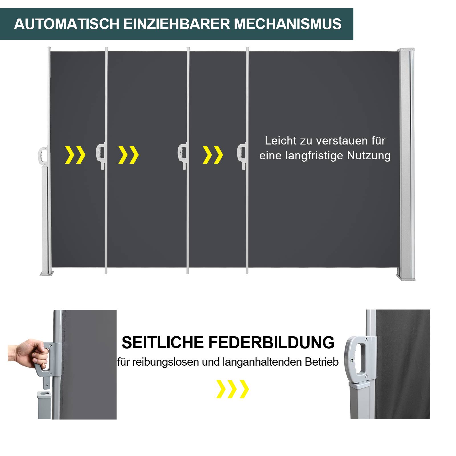 Seitenmarkise 180x300cm Sichtschutz Ausziehbar Blickdicht Sonnenschutz Markise Balkon Terrasse Garten Seitenrollo Windschutz Grau