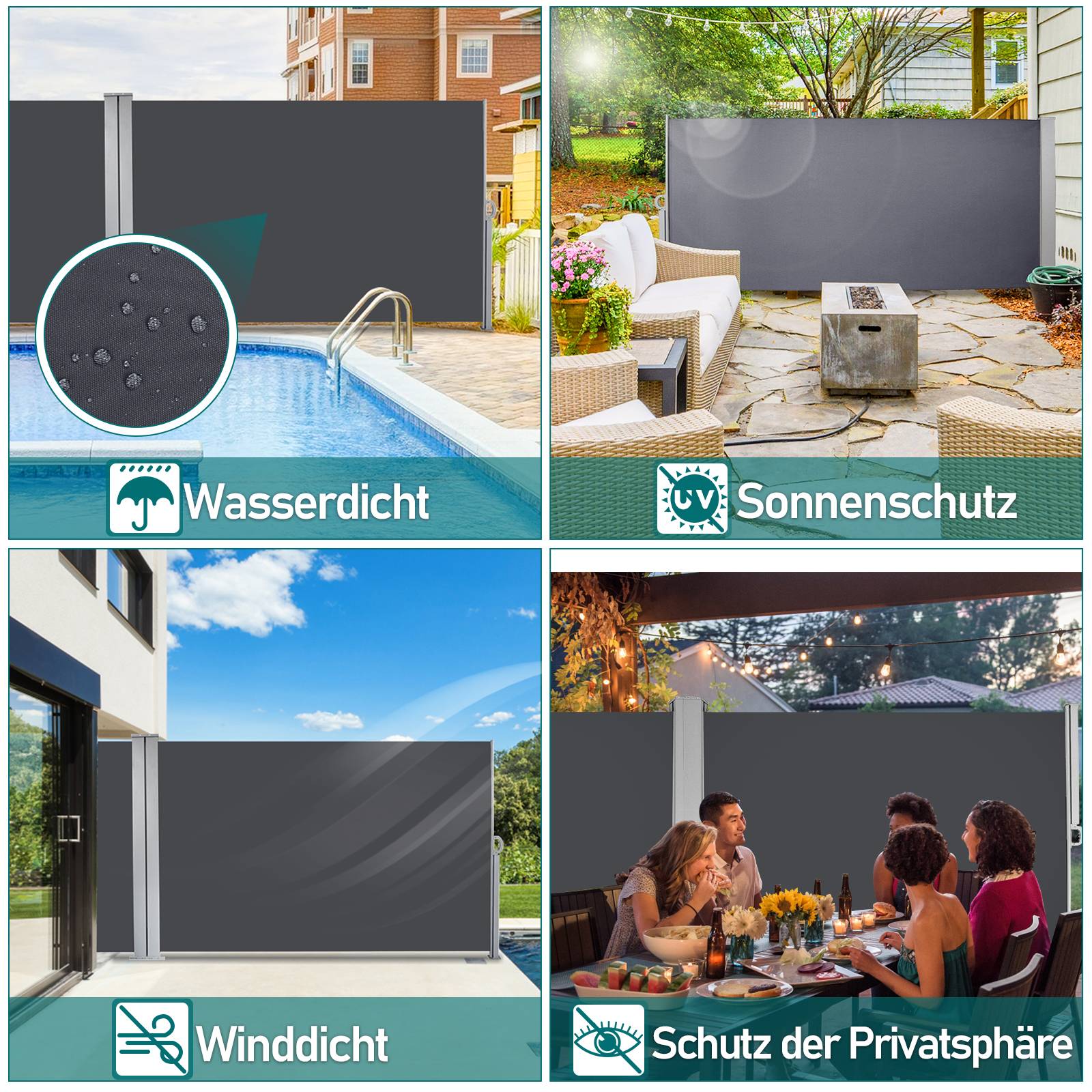 Seitenmarkise Ausziehbar Balkon Anthrazit Sonnenschutz Vollkassette Sichtschutz grau 180X300cm