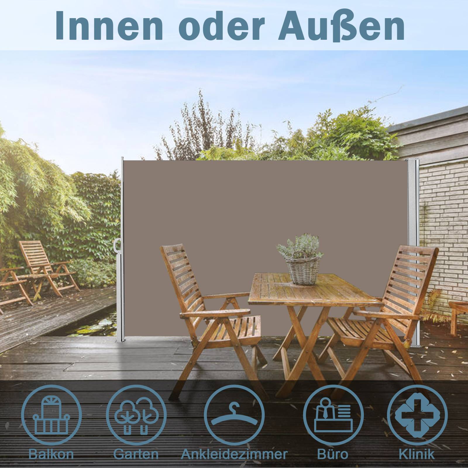 Seitenmarkise 180x300cm Sichtschutz Ausziehbar Blickdicht Sonnenschutz Markise Balkon Terrasse Garten Seitenrollo Windschutz Brau