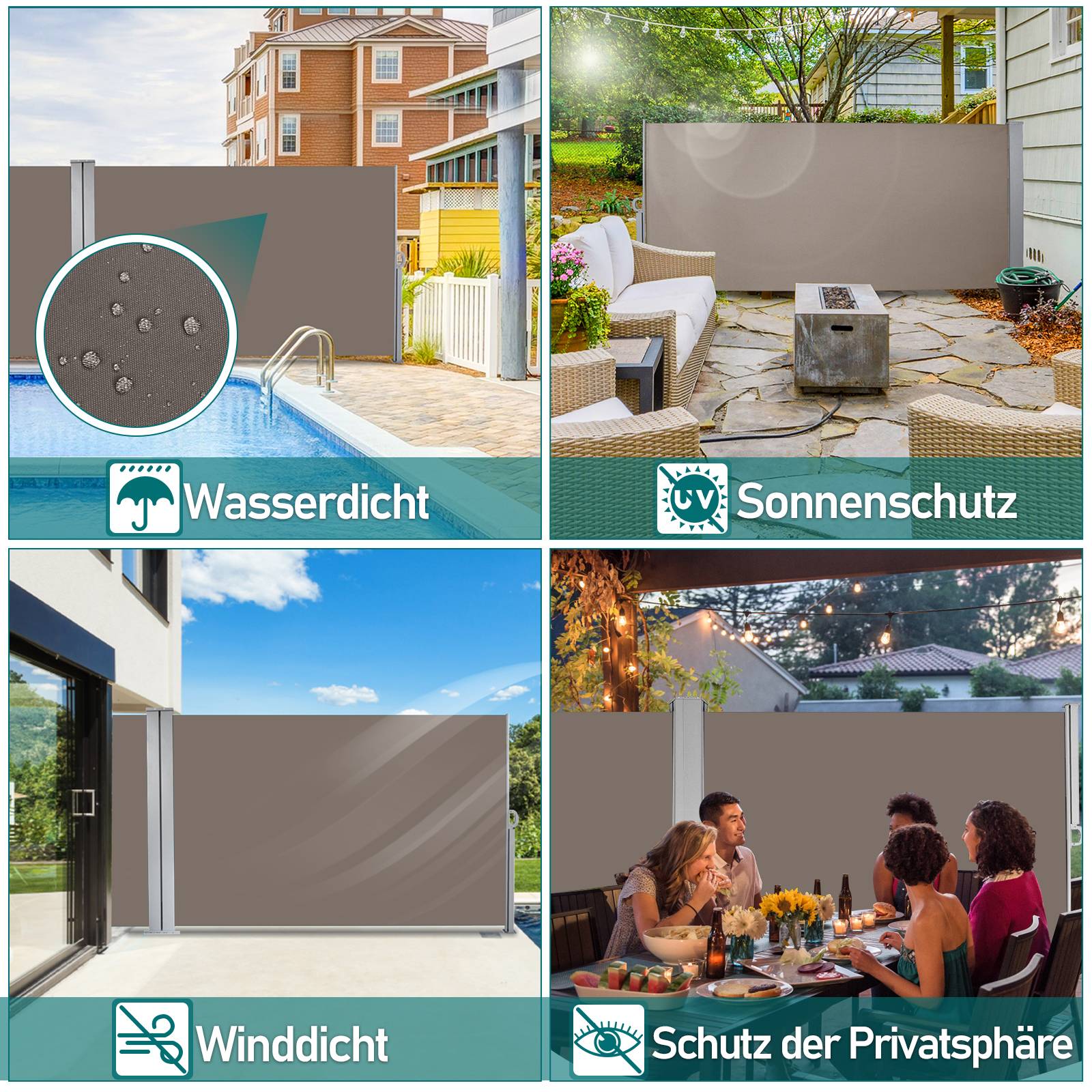 Seitenmarkise Ausziehbar Balkon Anthrazit Sonnenschutz Vollkassette Sichtschutz braun 180X300cm