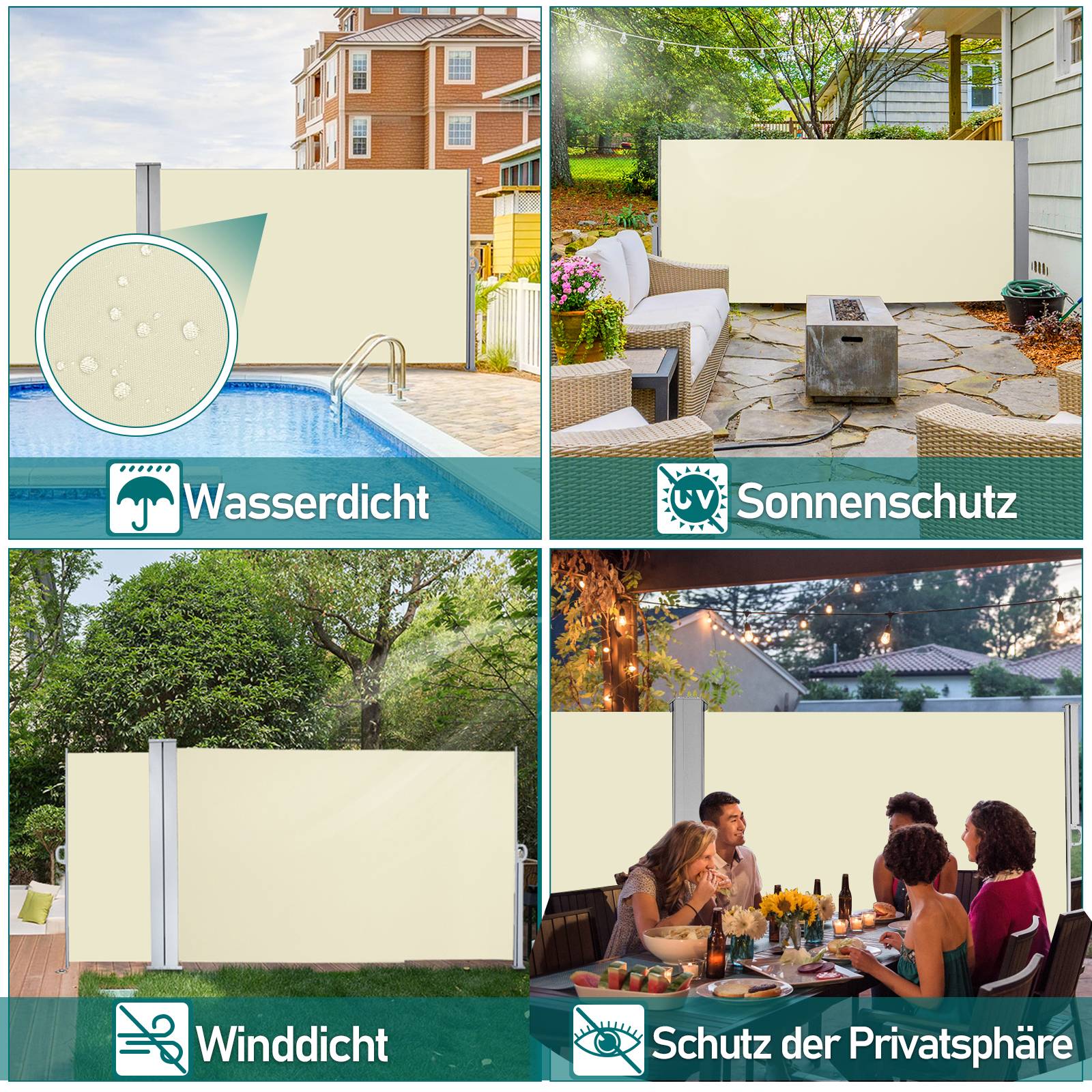Seitenmarkise 160x300cm Sichtschutz Ausziehbar Blickdicht Sonnenschutz Markise Balkon Terrasse Garten Seitenrollo Windschutz Beige