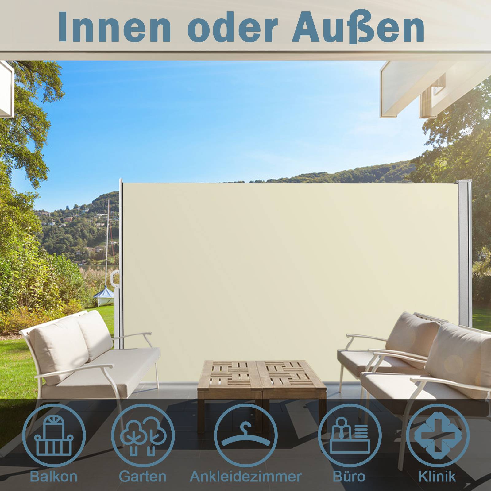 Seitenmarkise 160x300cm Sichtschutz Ausziehbar Blickdicht Sonnenschutz Markise Balkon Terrasse Garten Seitenrollo Windschutz Beige