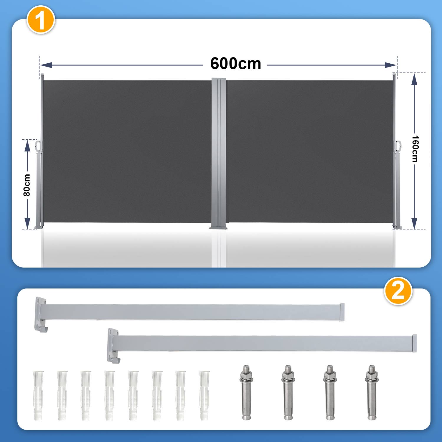 Seitenmarkise Ausziehbar Balkon Anthrazit Sonnenschutz Vollkassette Sichtschutz grau 160x600cm