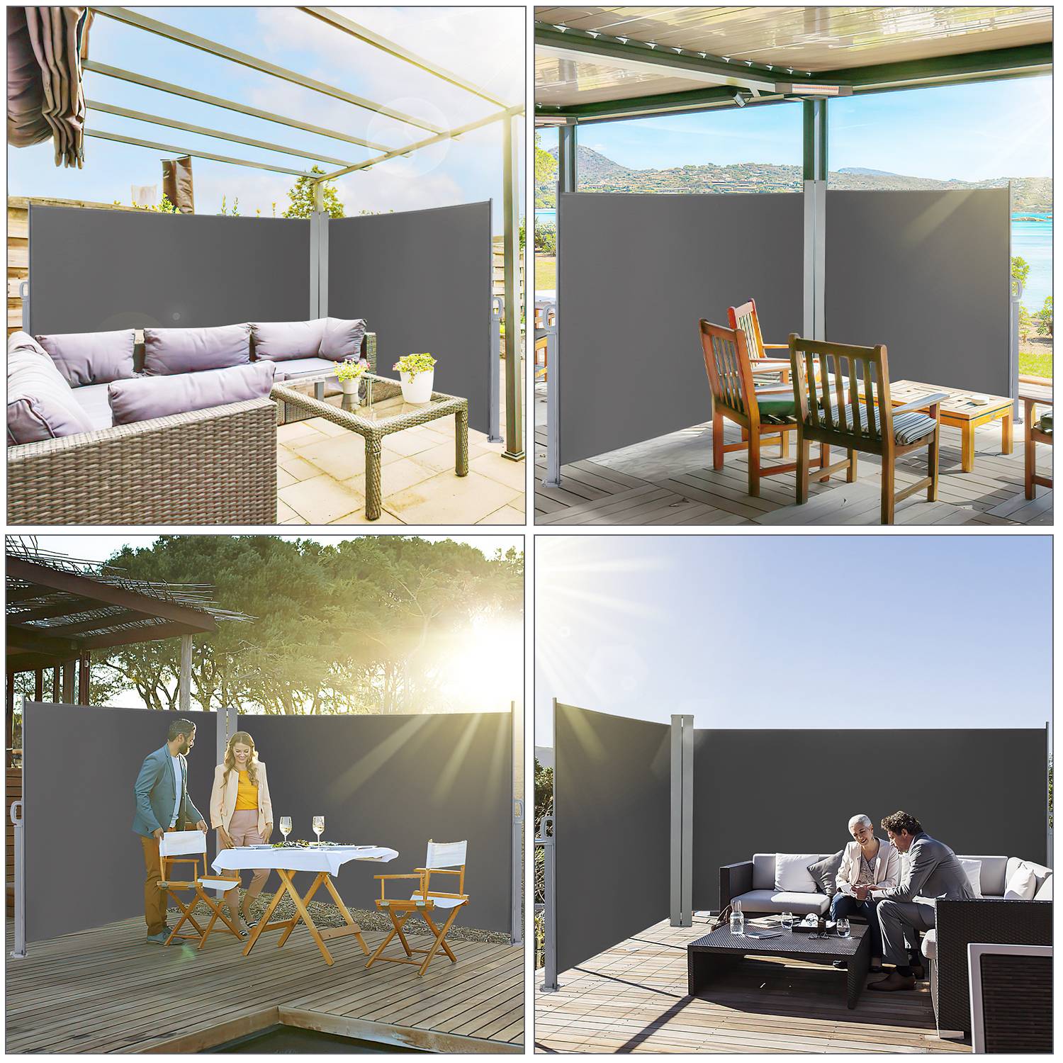 Doppel Seitenmarkise 180x600cm Sichtschutz Ausziehbar Blickdicht Sonnenschutz Markise Balkon Terrasse Garten Seitenrollo Windschutz Grau