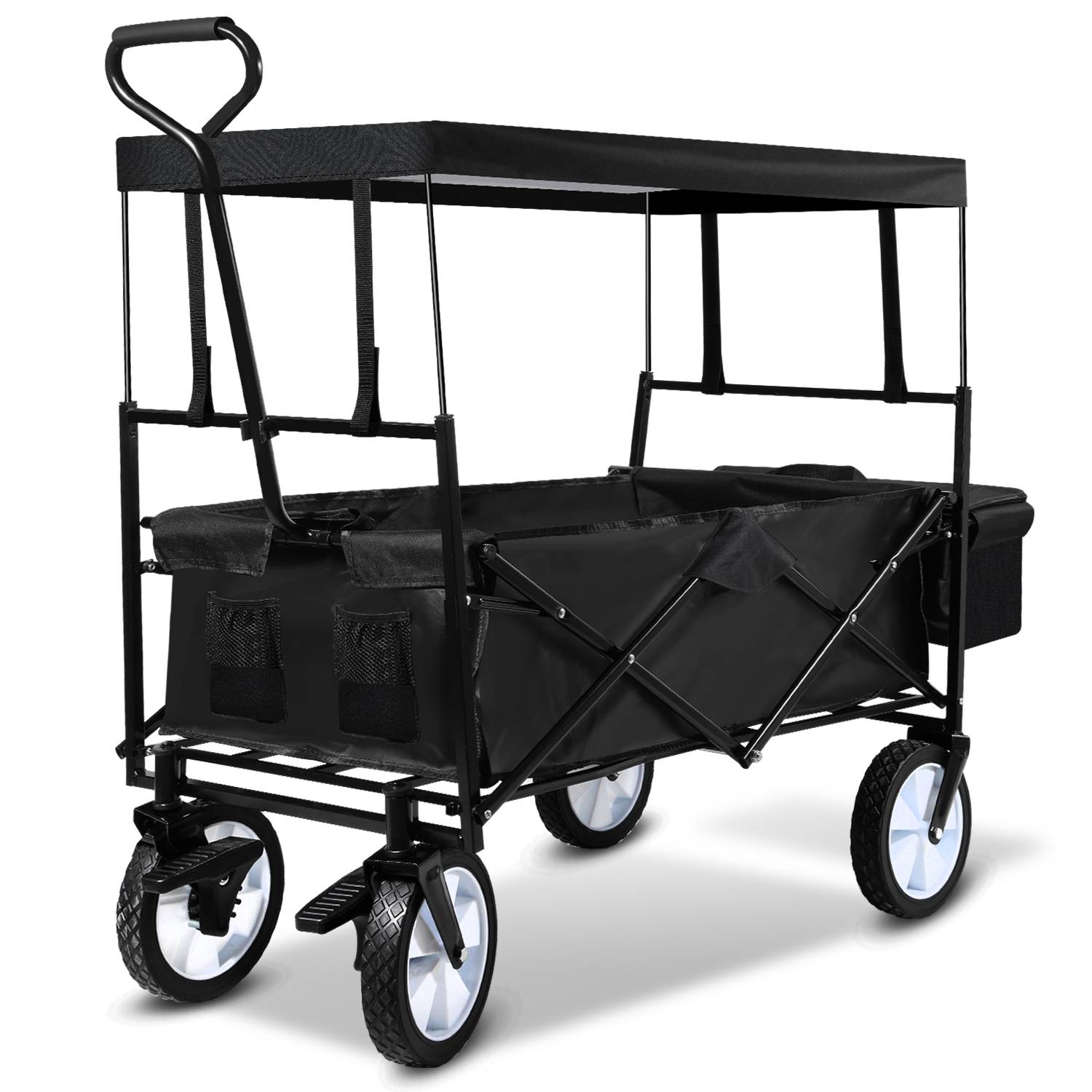 Bollerwagen mit Dach Faltbar Handwagen Klappbar Gerätewagen Gartenwagen Transportwagen mit Teleskopgriff Strandwagen Schwarz