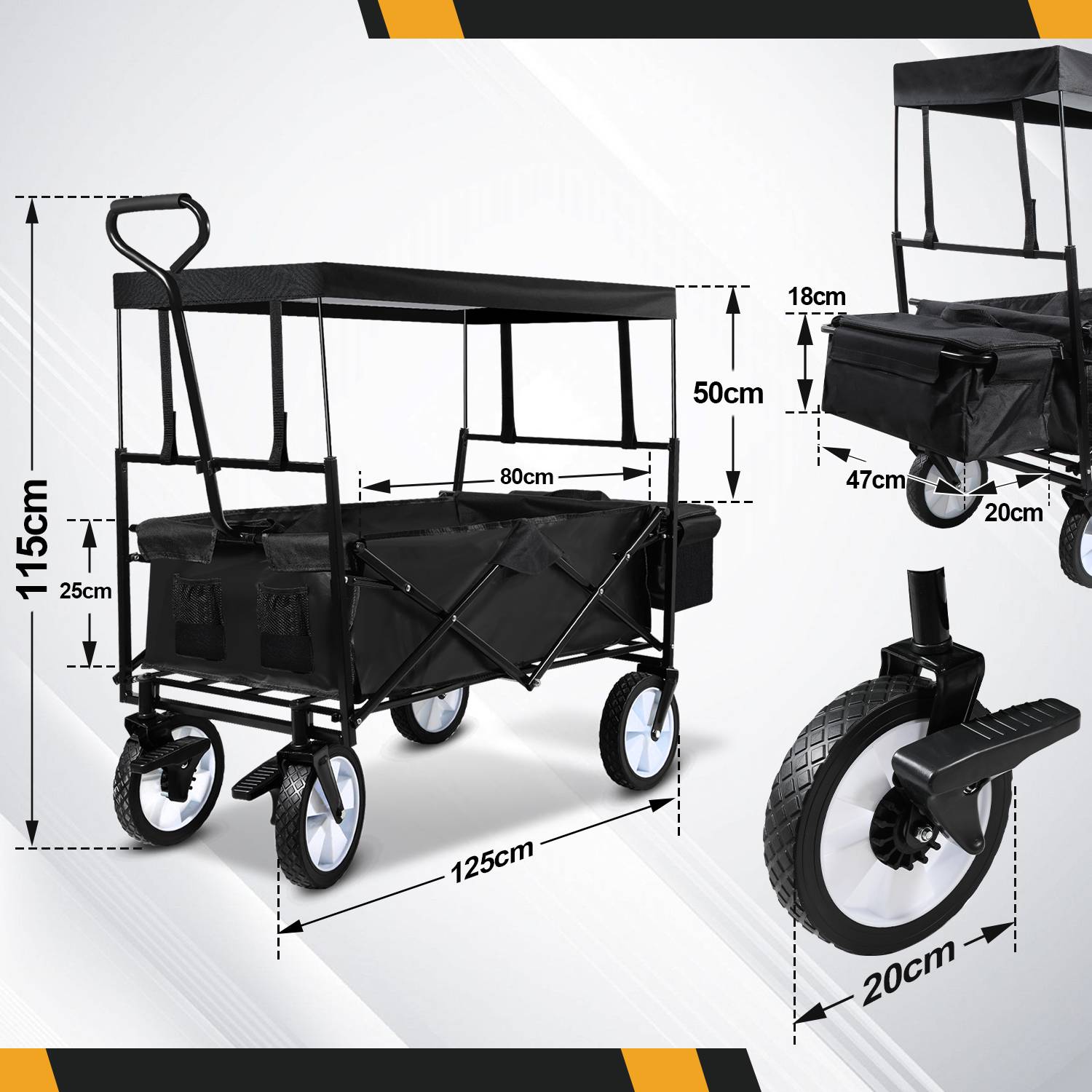 Bollerwagen mit Dach Schwarz faltbar Handwagen Klappbar Gartenwagen Transportwagen