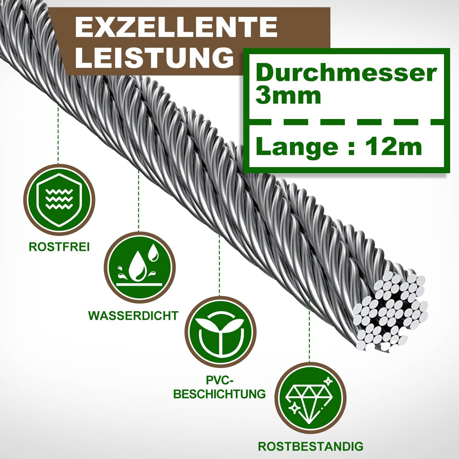 12M Rankhilfe Edelstahl Unterstützung für Kletterpflanzen, komplettes Drahtseil Stahlseil Set mit Wandhalterung und Seildurchmesser 3 mm