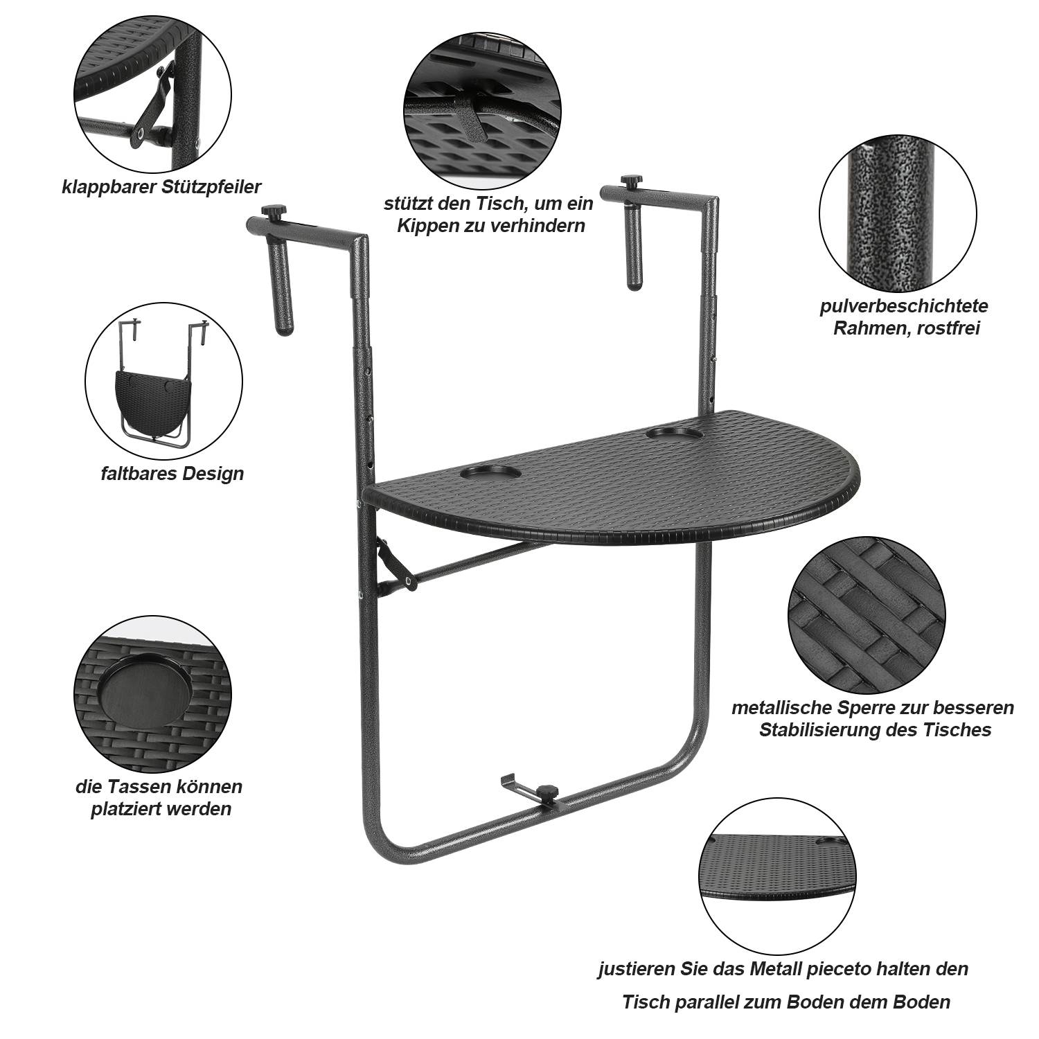 Balkontisch Hängetisch Balkonhängetisch Klappbar Klapptisch Balkon mit 3 Höhenverstellbar, Tischplatte 60x40 cm, in Rattan-Optik, Schwarz