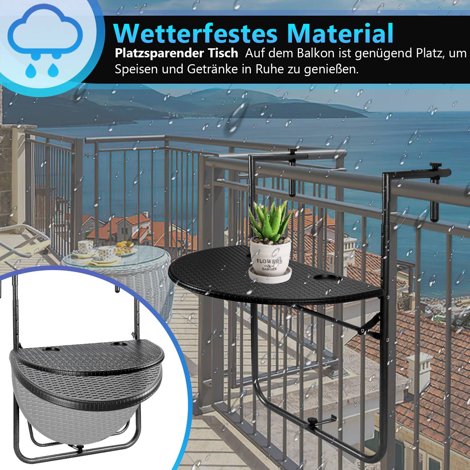 Balkontisch Balkonhängetisch Klappbar Hängetisch höhenverstellbar halbrund Terrasse Metall Balkon Klapptisch Beistelltisch Schwarz L60 x B64 x H84