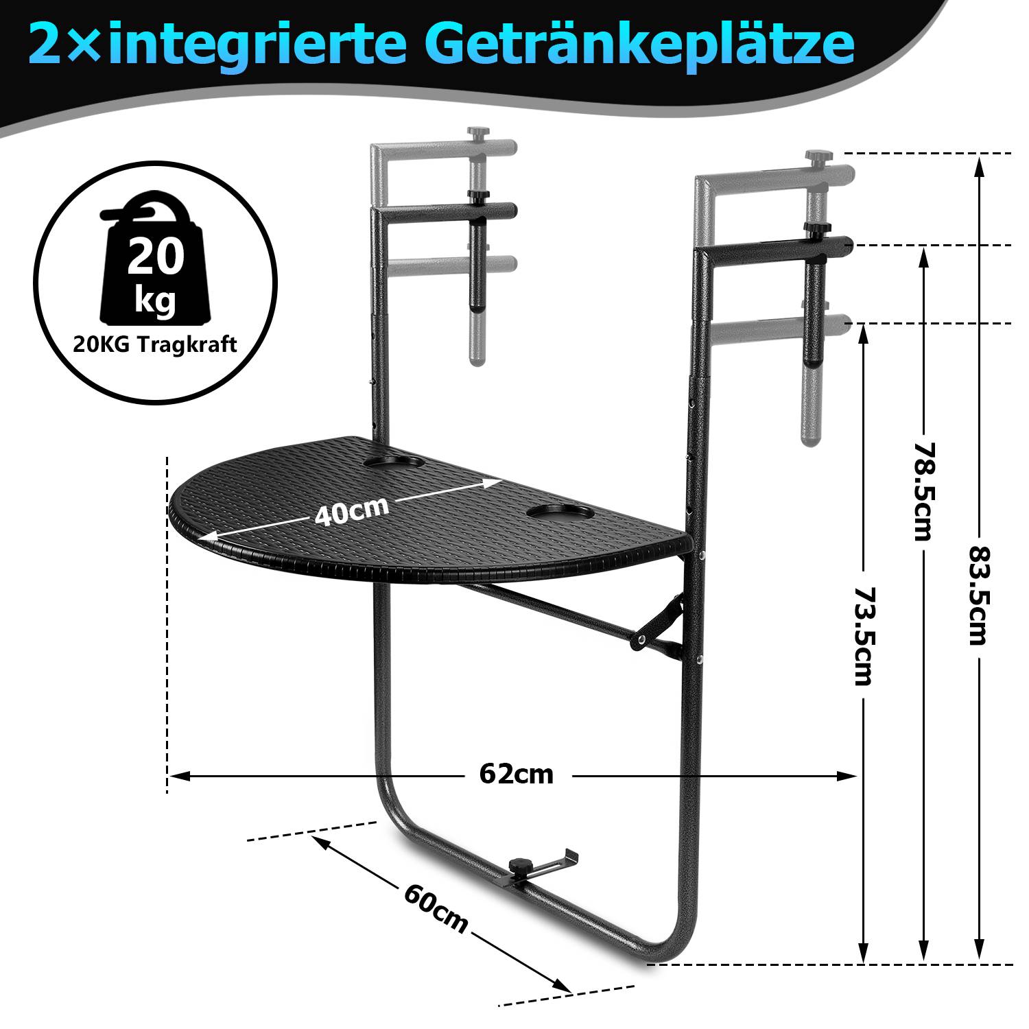 Balkonhängetisch Gartentisch Balkontisch Hängetisch klappbar 64x60x83.5cm mit 3 Höhenverstellbar, Tischplatte 60x40 cm, in Rattan-Optik, Schwarz