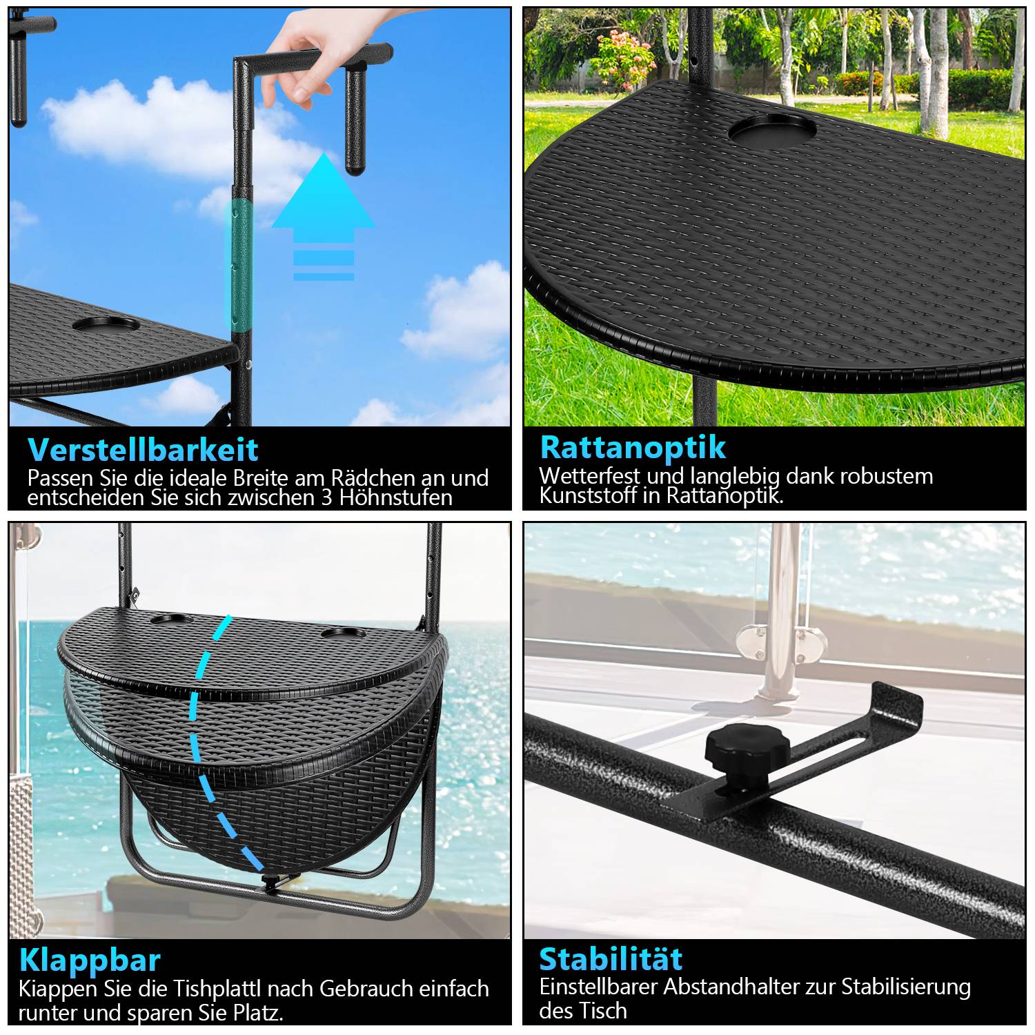 Balkonhängetisch, Balkontisch zum Hängen, Hängetisch klappbar Beistelltisch Gartentisch, Klapptisch mit 3 Höhen, 2 Tassenhalterungen, in Rattan-Op