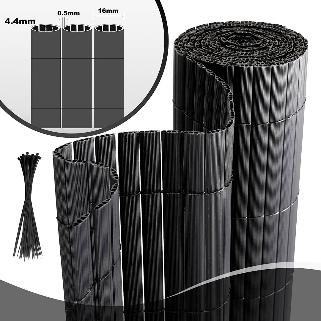 Gerollte schwarze Kabelbinder-Packung, mit Vergrößerung mit Abmessungen: 4,4 mm breit, 0,5 mm dick, 16 mm lang.