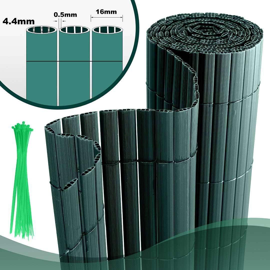 3D-Rendering einer aufgerollten grünen Kunststoffmaschendrahtrollen, mit eingefügter Ansicht mit den Abmessungen 4,4 mm, 0,5 mm und 16 mm.