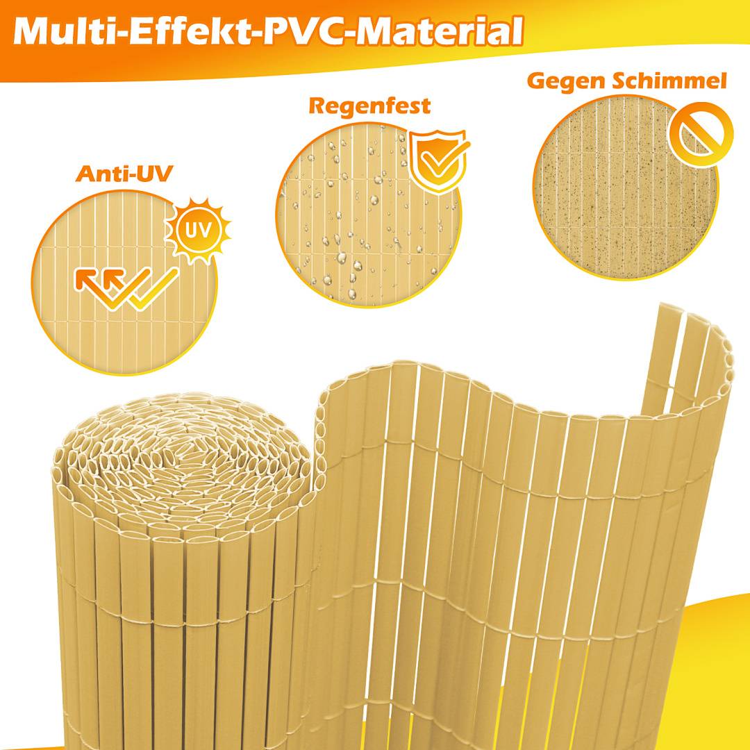 Produktbild einer aufgerollten beige PVC-Sichtschutzmatte mit der Bezeichnung „Multi-Effekt-PVC-Material", die UV-Schutz-, Regenfest- und Schimmelfest-Eigenschaften zeigt.