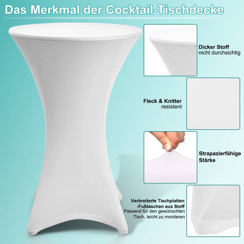 5x Stehtischhusse Stretch für Bistrotisch mit 4 Fußlaschen elastisch Ø 60-65x110 cm Weiß