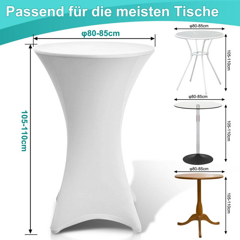 4x Stehtischhusse Stretch für Bistrotisch mit 4 Fußlaschen elastisch Ø 80-85x110 cm Weiß