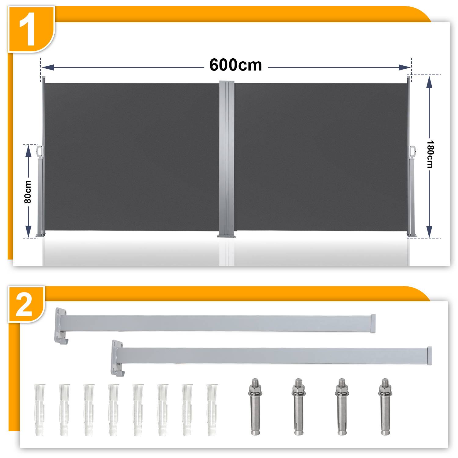 Zweiteiliges Produktdiagramm: zusammengebauter Doppelbildschirm 600 cm breit und 180 cm hoch, mit Seitenhöhen von 80 cm, plus enthaltener Montagehardware und Halterungen.