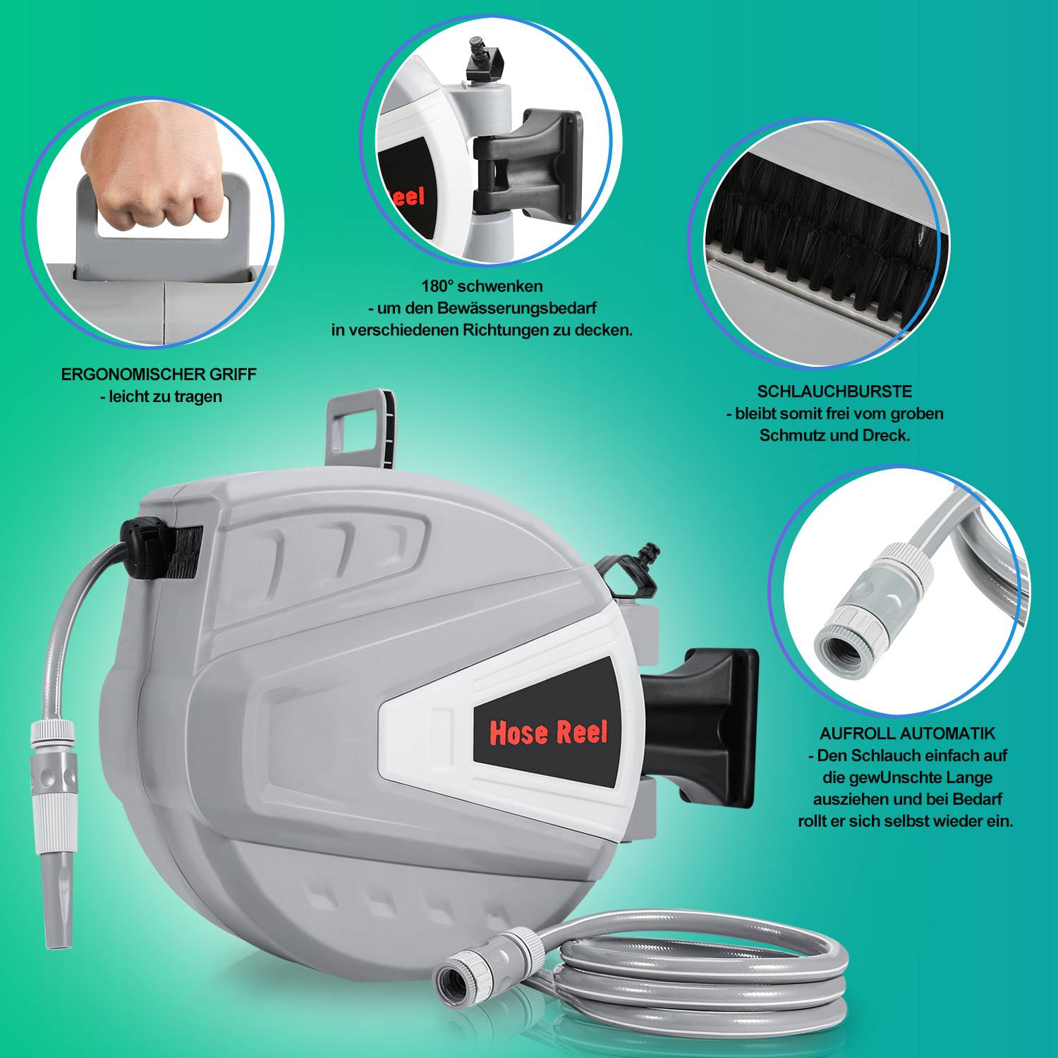 Schlauchaufroller 30m Druckluftschlauchtrommel automatik Aufroller 8 bar Anschluss Multifunktionale Wasserspritzpistole Druckluftschlauch