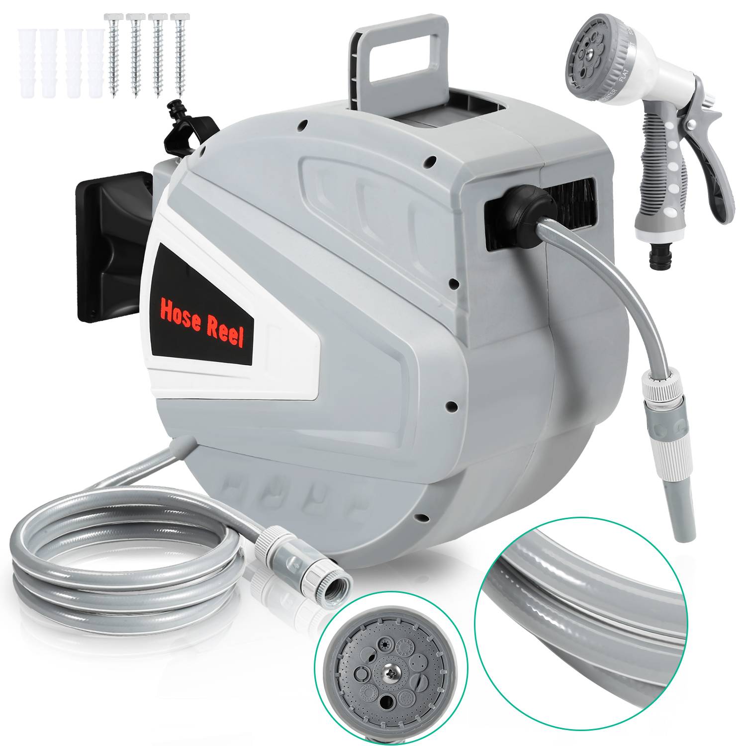 Druckluftschlauchtrommel Schlauchaufroller 20m automatik Aufroller 8 bar 1/4" Anschluss mit Multifunktionale Wasserspritzpistole Druckluftschlauch