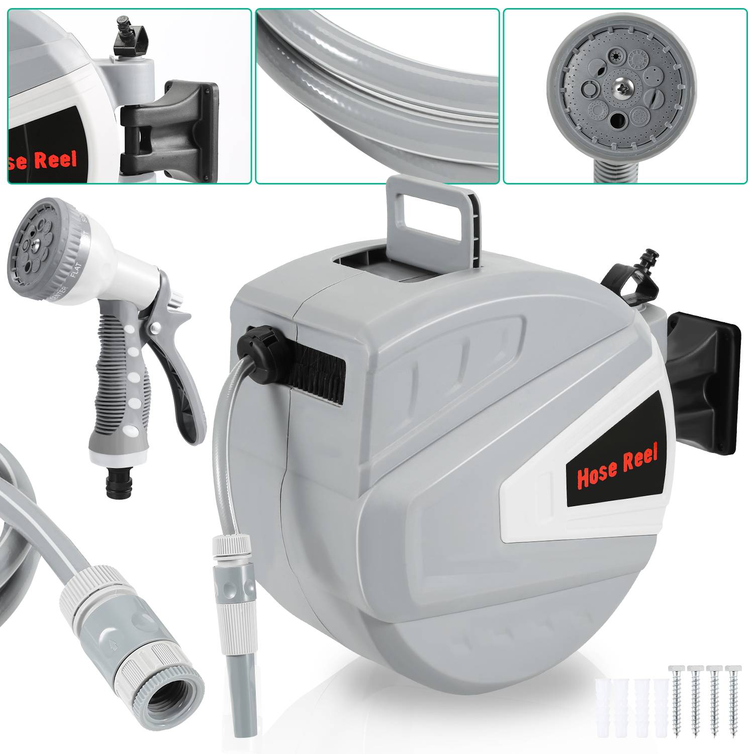 Druckluftschlauchtrommel Schlauchaufroller 30m automatik Aufroller 8 bar 1/4" Anschluss mit Multifunktionale Wasserspritzpistole Druckluftschlauch