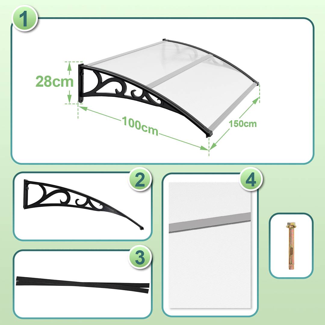 Anleitung zum Türvordach-Markise mit den Abmessungen 100 cm mal 150 cm und 28 cm Höhe, mit Teilen und Wandbefestigungshardware.