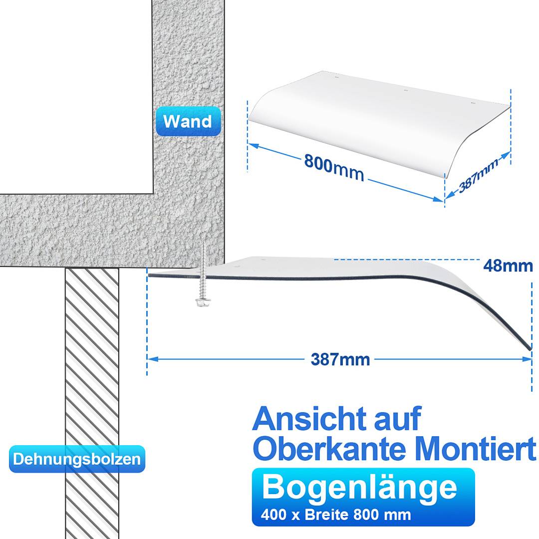 Diagramm einer angebrachten gekrümmten Regalleiste, mit deutscher Beschriftung, Abmessungen 800 mm Länge, 387 mm Tiefe, 48 mm Höhe und 'Bogenlänge 400 x Breite 800 mm'.