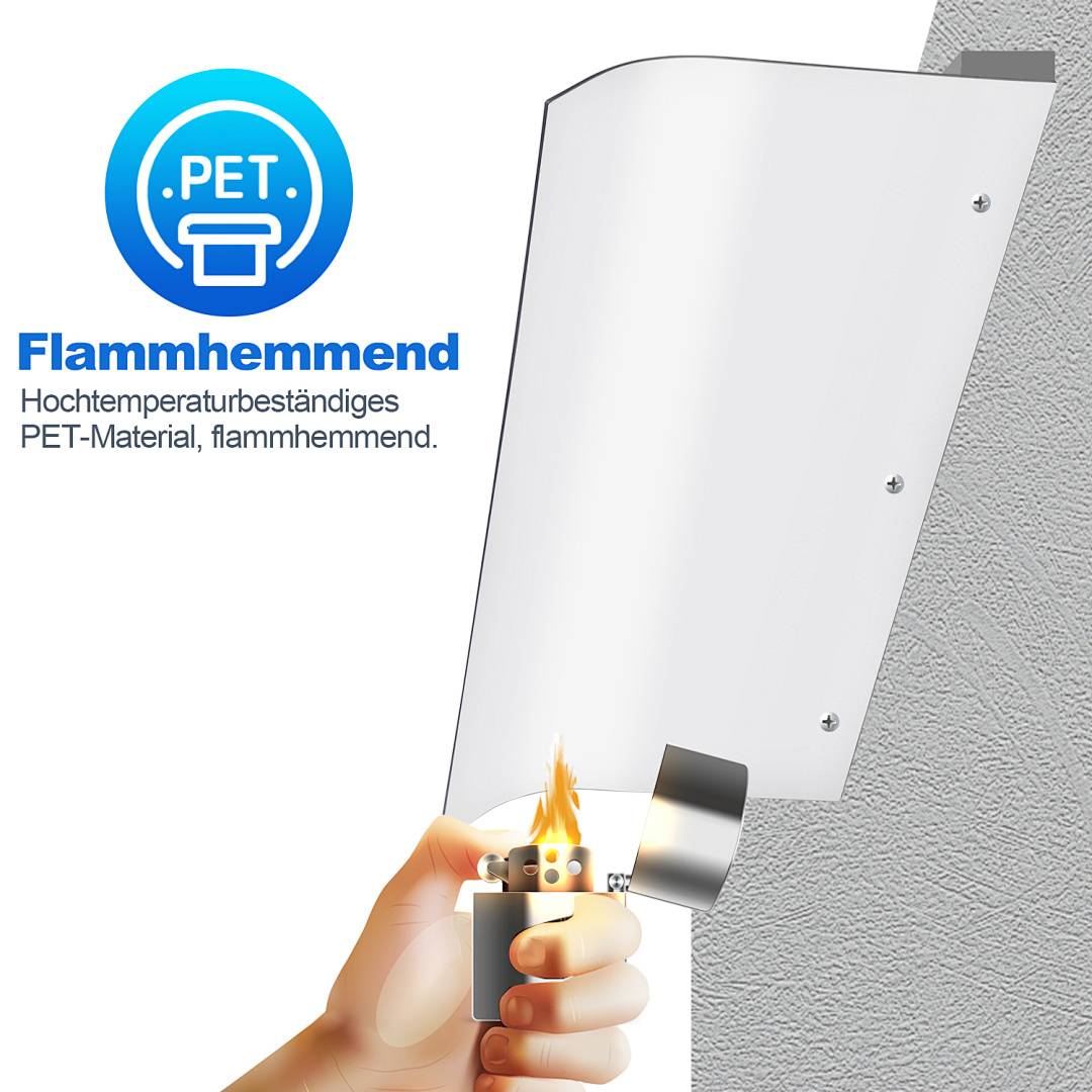 Flammenfeststoffes PET-Panel mit Feuerzeugflammentest gezeigt; deutscher Text lautet „Flammhemmend" und „Hochtemperaturbeständiges PET-Material, flammhemmend."
