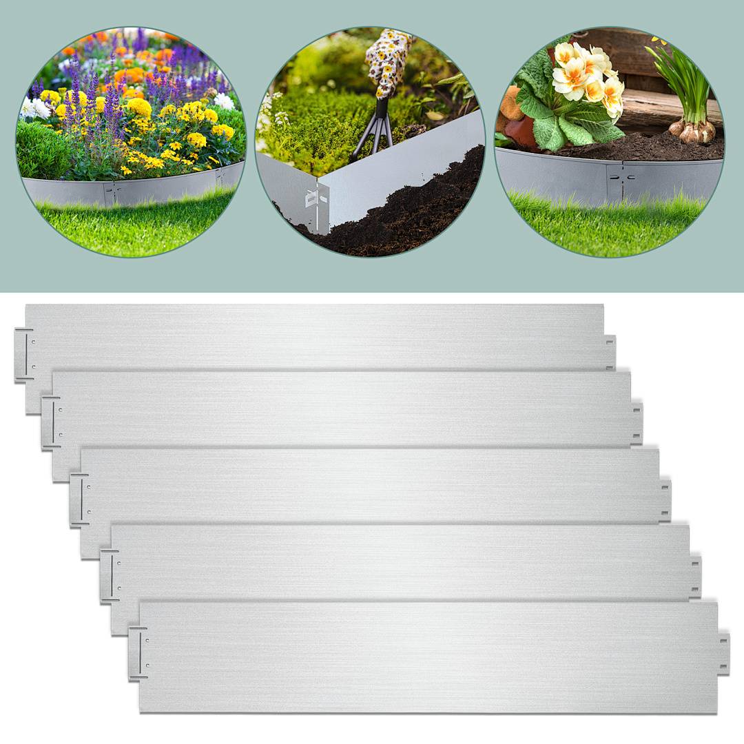Metallische Gartenrandleisten, die um Blumenbeete herum installiert und als Produktset gestapelt dargestellt werden, werden verwendet, um saubere Landschaftsränder zu schaffen.