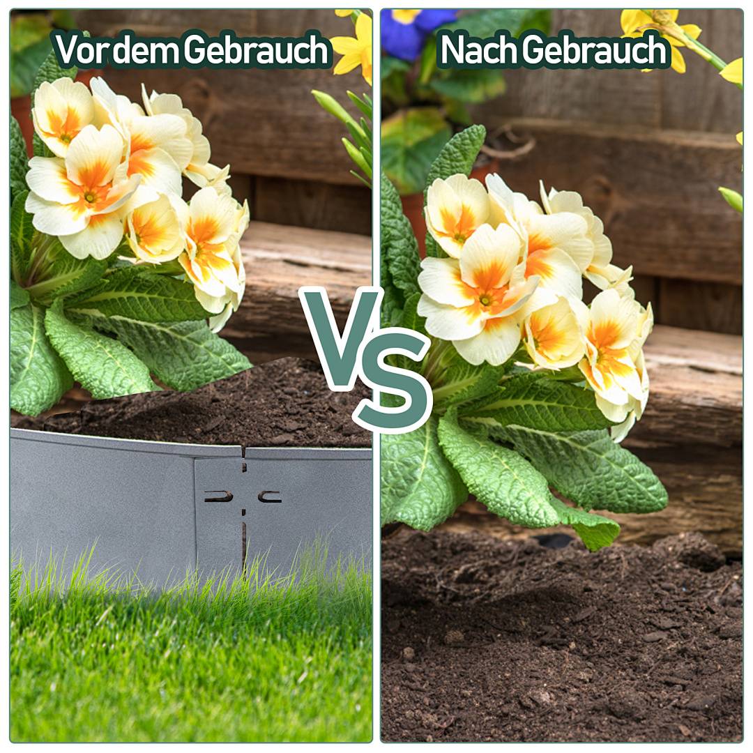 Nebeneinander-Vergleich einer Blumengestaltung vor und nach Gebrauch: Links sind Blumen in einem Pflanzgefäß zu sehen, rechts dieselben Blumen in Erde gepflanzt, mit den Beschriftungen „Vor dem Gebrauch" und „Nach Gebrauch"" mit „VS"" in der Mitte.